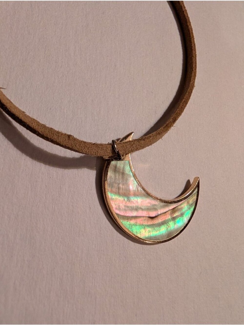 Abalone Moon Pendant Brown Leather Strap Necklace